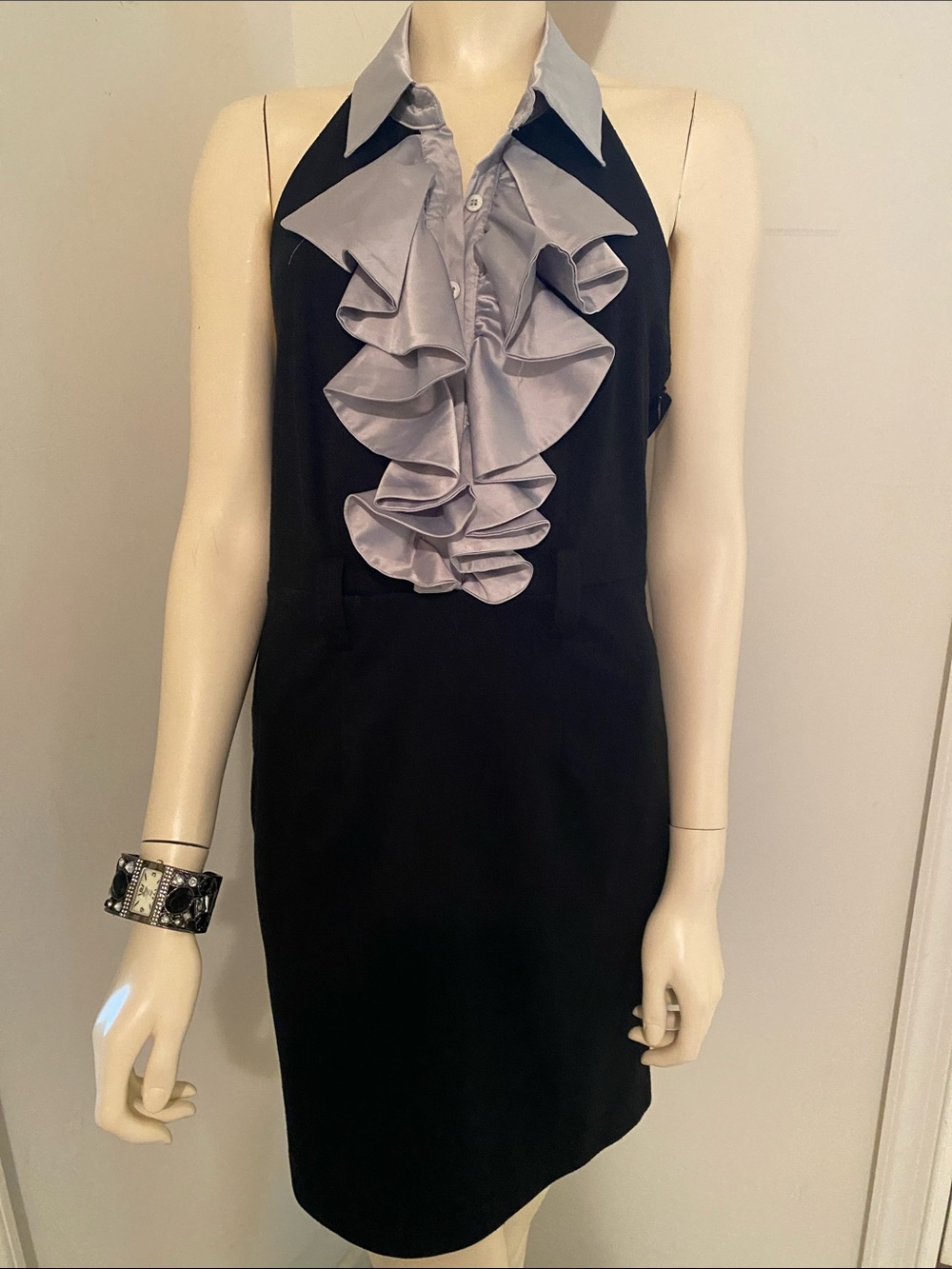 Black Backless Halter Dress with Light Gray Ruffle Bib